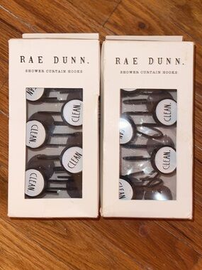 NWT Rae Dunn White and Black 'CLEAN' Shower Curtain Hooks - Set of 12